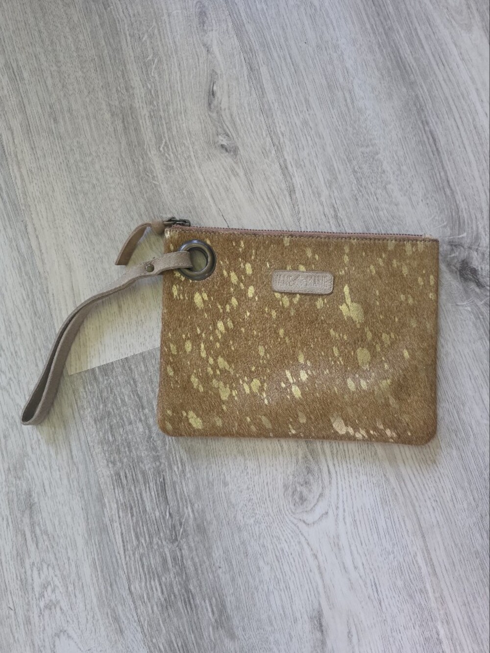 Jane & Marie Gold +Tan Leather Hair on hide Wristlet